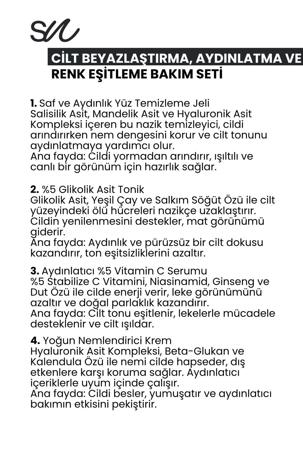 Cilt Beyazlaştırma, Aydınlatma ve Renk Eşitleme Bakım Seti