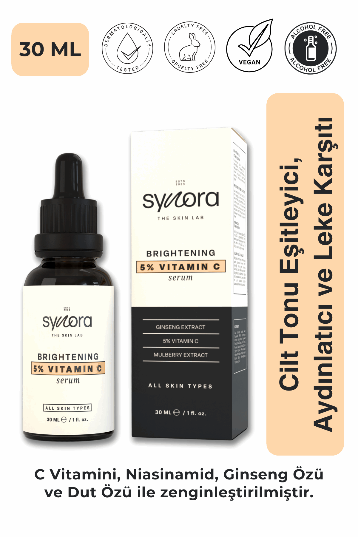 Cilt Tonu Eşitleyici, Aydınlatıcı ve Leke Karşıtı C Vitamini Serum - Synora